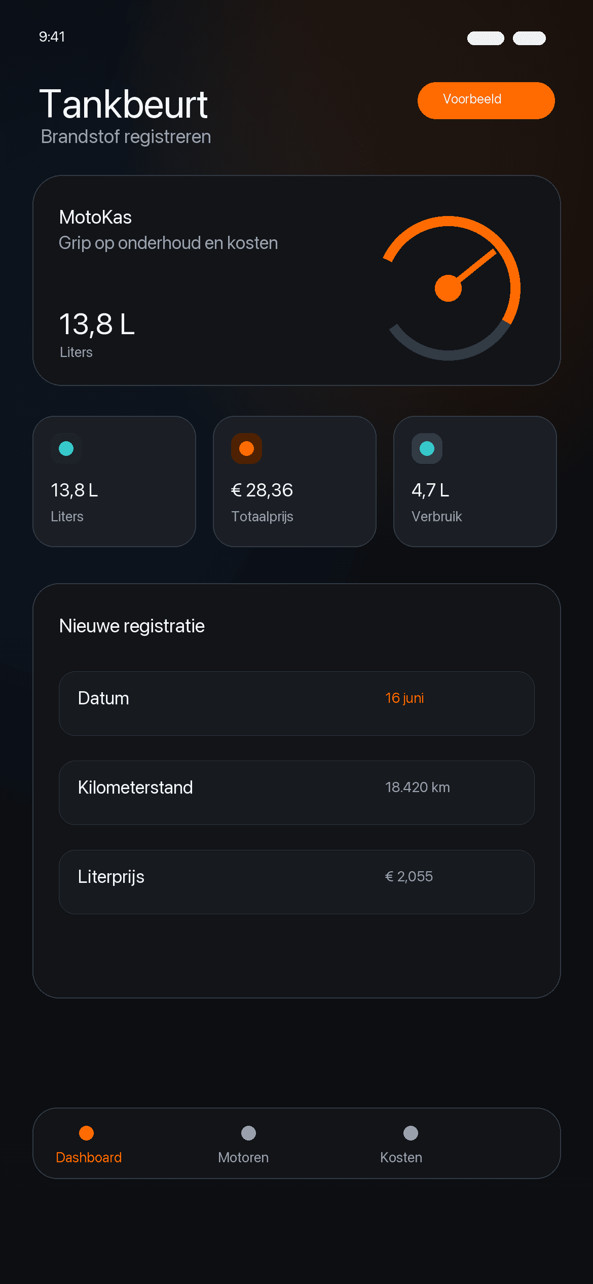 Voorbeeldweergave van een tankbeurt registreren in MotoKas